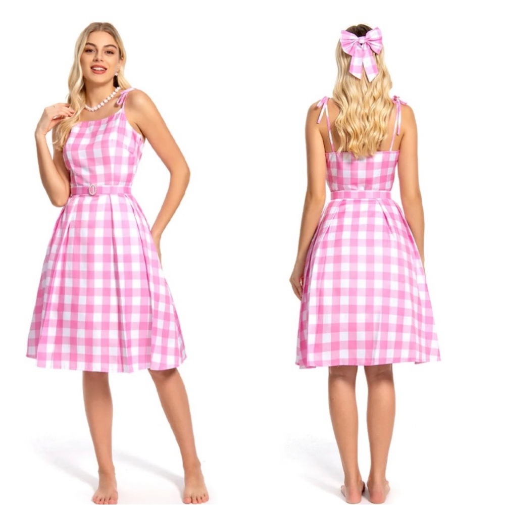 Margot Robbie Barbie The Movie Pink Plaid Dress and Accessories, Barbie Costume - Picture 2 of 9